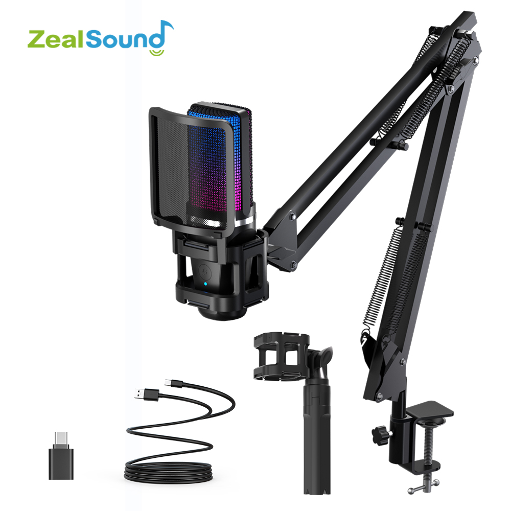 Streaming Mic Condenser - ไมโครโฟนบันทึกเสียง zealsound RGB พร้อมแขนประกบ/ไมโครโฟนคอนเดนเซอร์ USB พร้อมขาตั้งสำหรับการเล่นเกมการสตรีมพอดคาสติ้ง