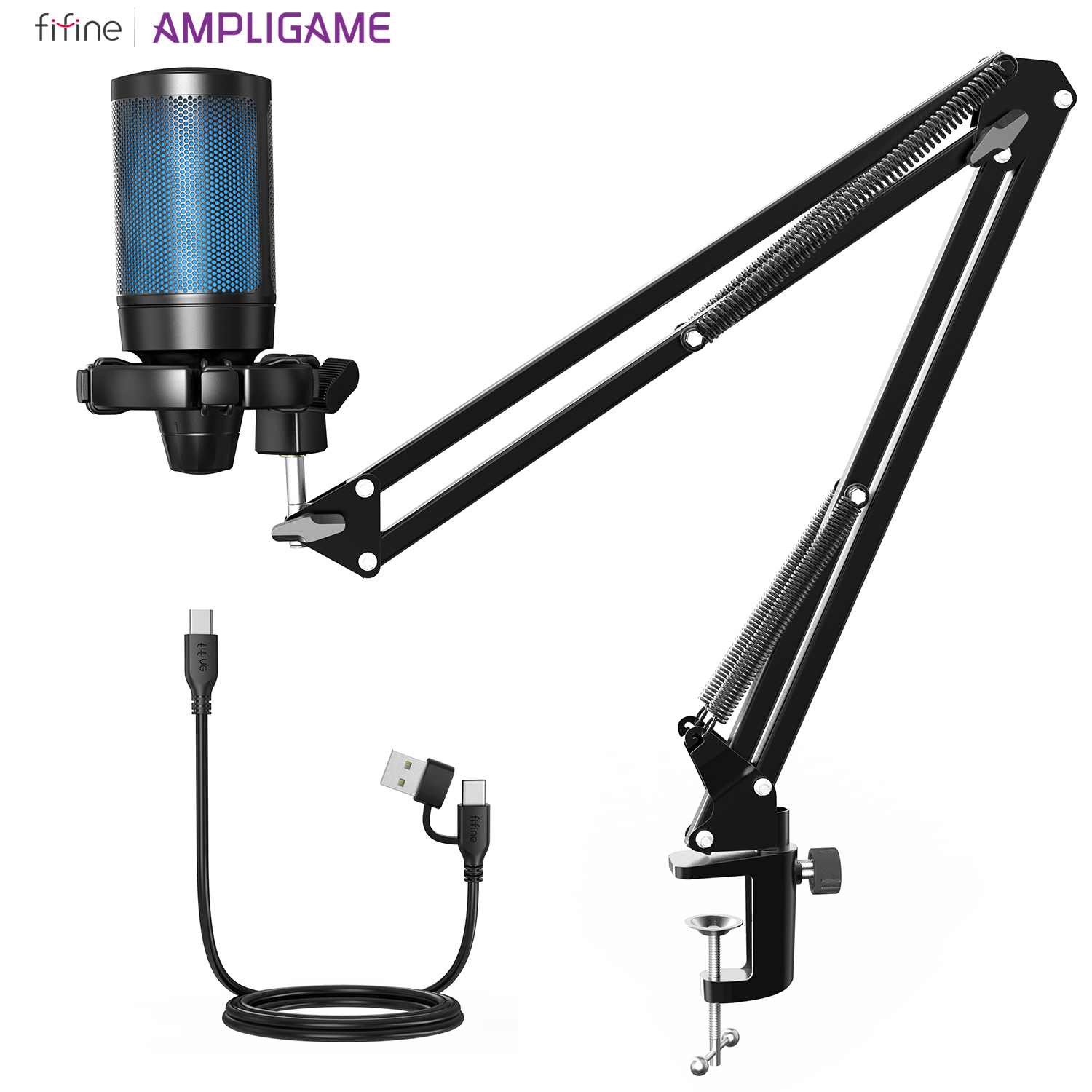 Streaming Mic Condenser - ชุดไมโครโฟนสำหรับสตรีมมิ่ง USB fifine พร้อมแขนบูมชุดไมโครโฟนคอนเดนเซอร์พร้อมปุ่มปิดเสียงปุ่มปรับหมุนสำหรับพีซีการบันทึก YouTube-T669PRO1