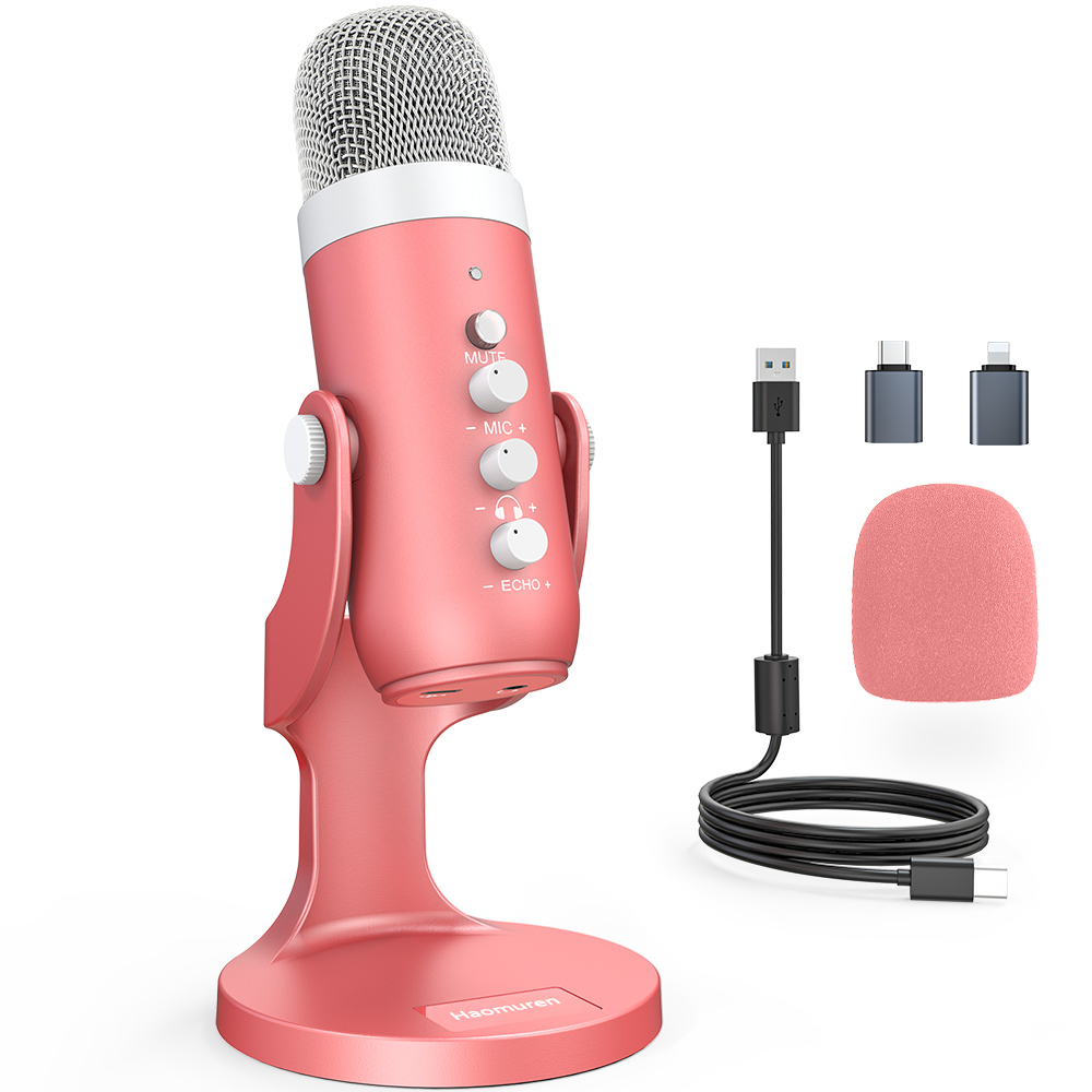 Streaming Mic Condenser - Haomuren USB คอนเดนเซอร์ไมโครโฟนสีชมพูสตูดิโอบันทึกไมโครโฟนสําหรับ PC Mac คอมพิวเตอร์โทรศัพท์เกมสตรีมมิ่ง