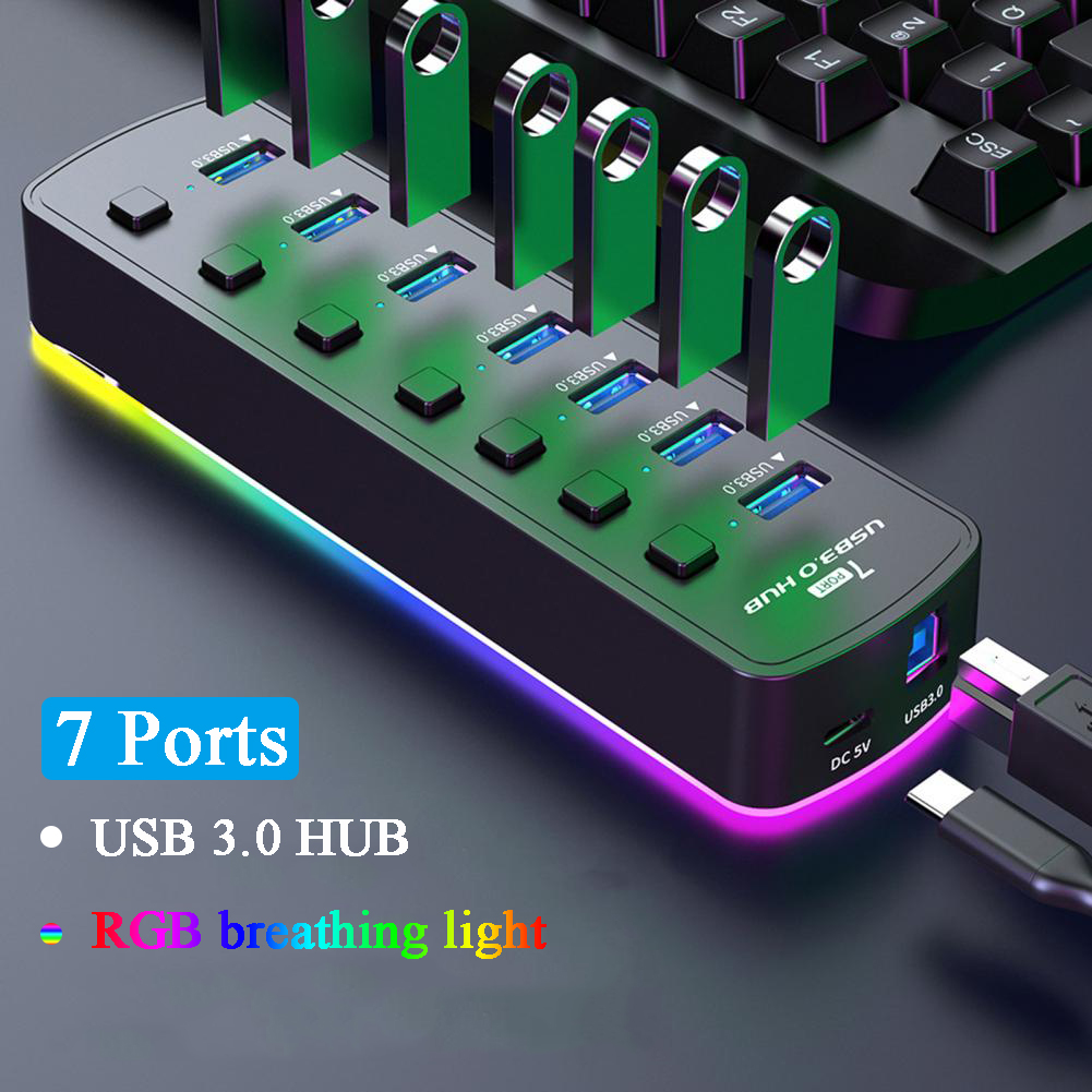 Esports Gaming Splitter - RGB USB 3.0 Hub 7 พอร์ตอะแดปเตอร์พอร์ตข้อมูล
