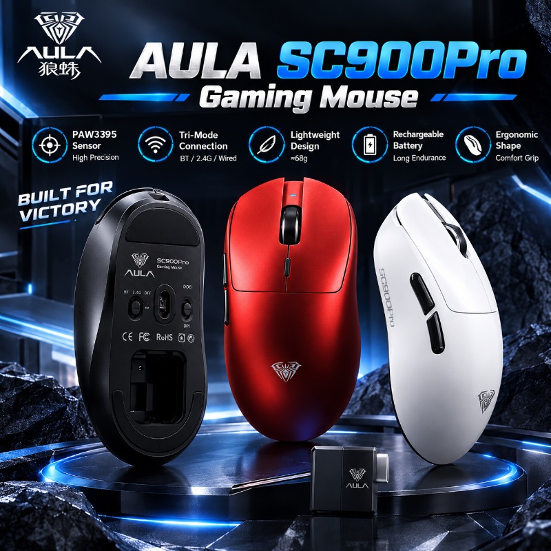 Esports Gaming Mouse - เมาส์เกมมิ่ง AULA SC900Pro เซ็นเซอร์ PAW3395 ไร้สายสามโหมด