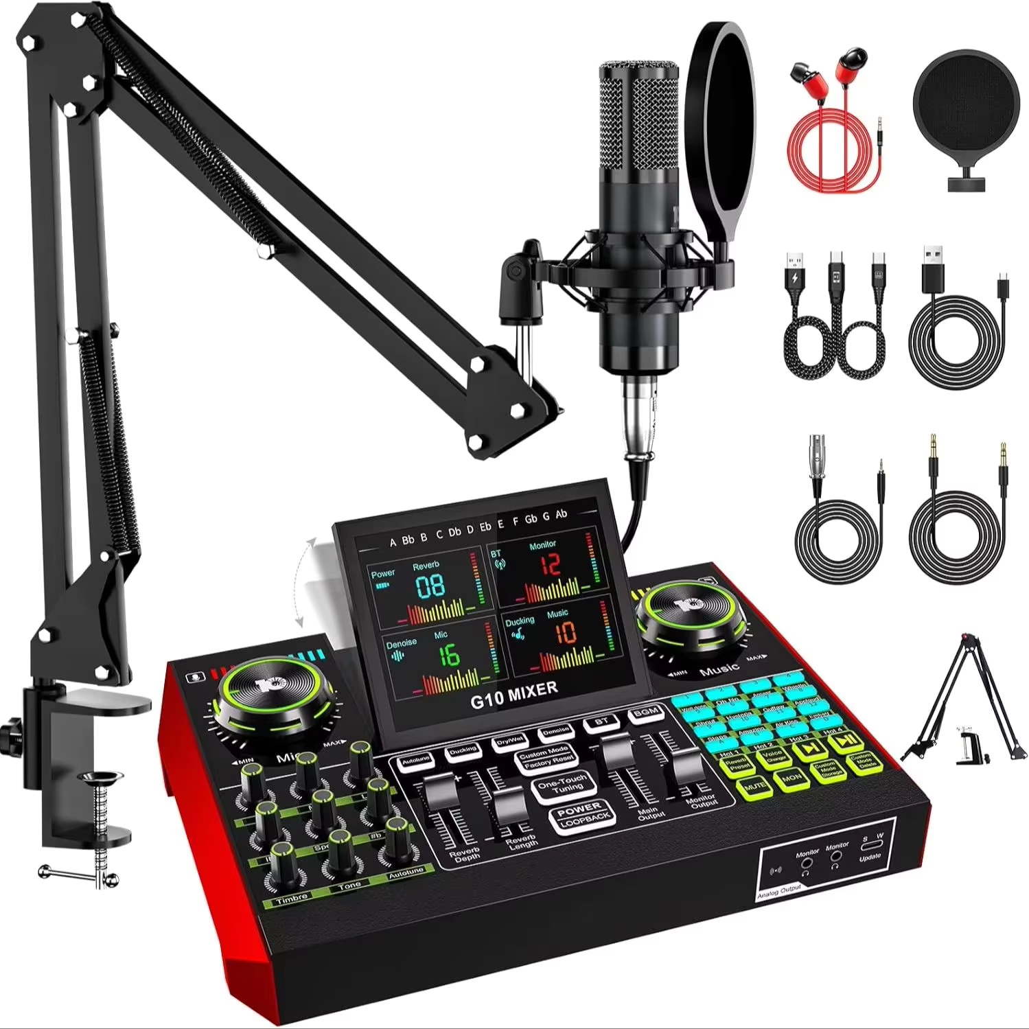 Streaming Mic Condenser - Tenlamp G10 อุปกรณ์มิกเซอร์เสียงสำหรับการสตรีมสดและเกมมิ่ง, อุปกรณ์พอดแคสต์พร้อมไมโครโฟนคอนเดนเซอร์ขนาด 3.5 มม.,